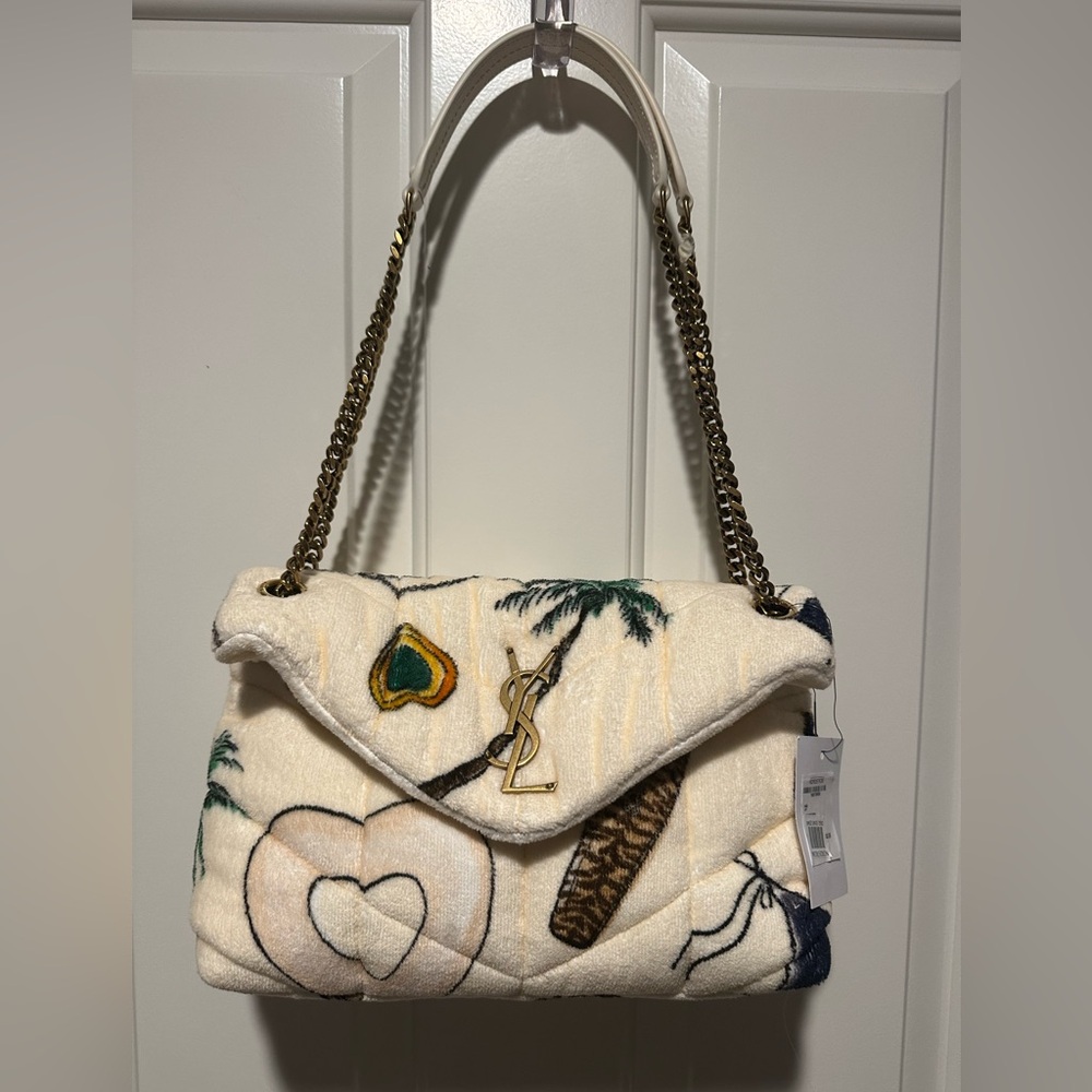 NWT SAINT LAURENT Loulou Puffer Shoulder Bag Quilted Printed Terry Cloth Small